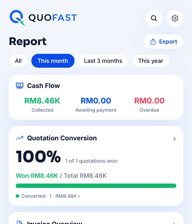 Report with cash flow and quotation conversion