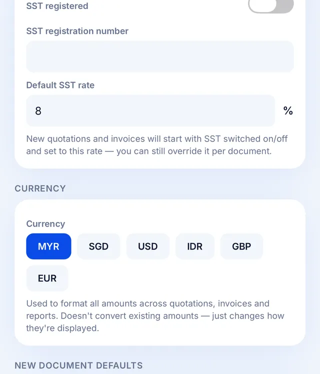 SST rate and currency settings
