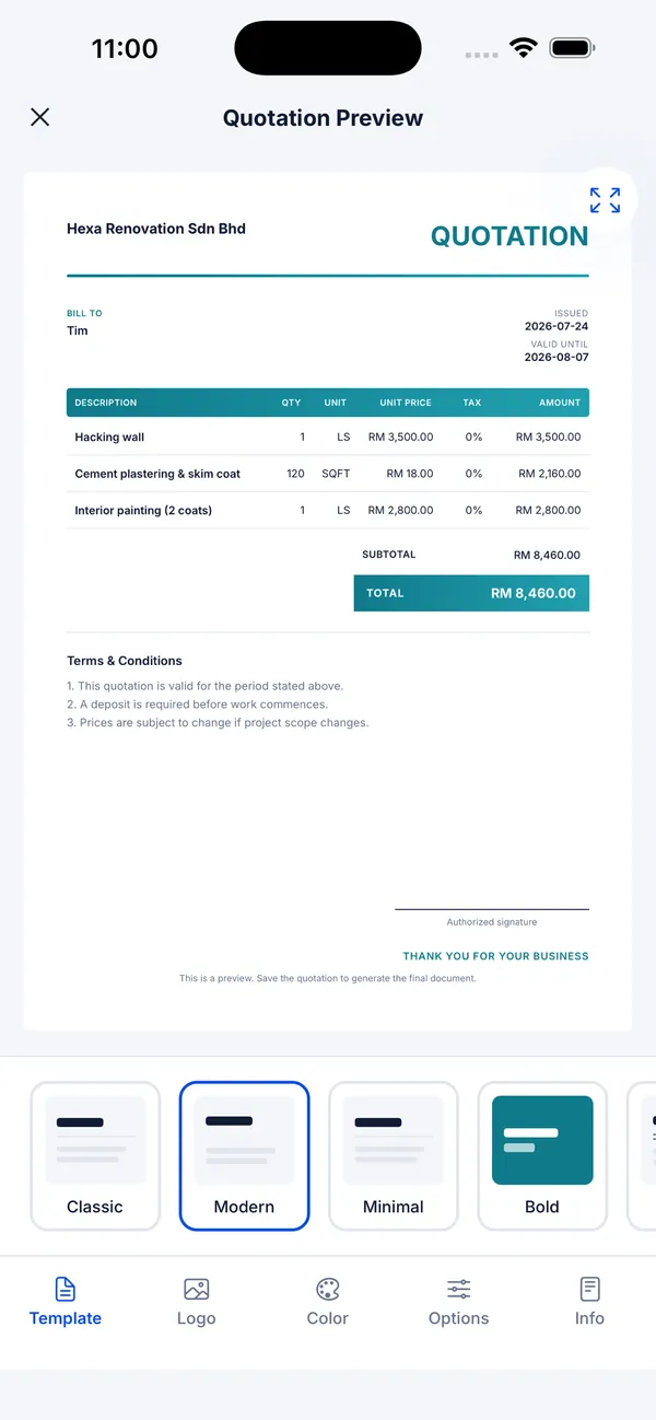 QuoFast quotation preview for a RM 8,460 renovation job